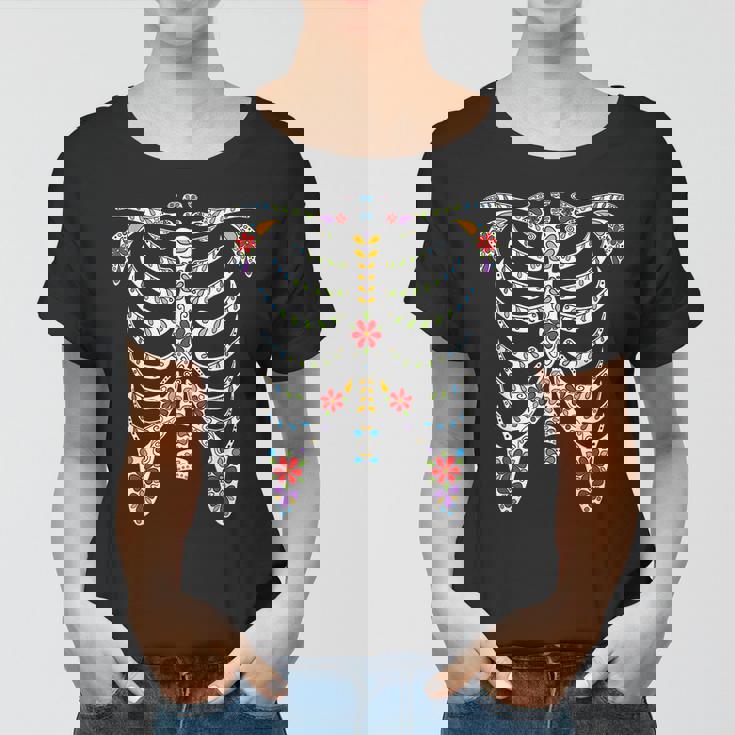 Halloween Day Of Dead Skeleton Flowers Decorated Women T-shirt