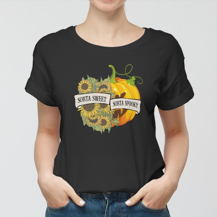 Halloween Sorta Sweet Sorta Spooky Pumpkin Sunflower Women T-shirt