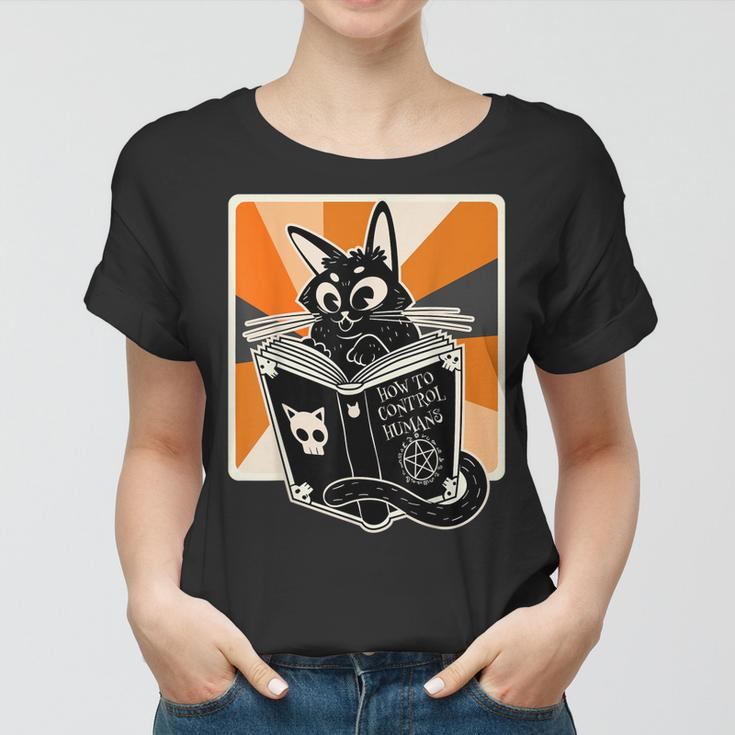 Retro Halloween Black Cat Funny Witch Book Cat Lover Women T-shirt