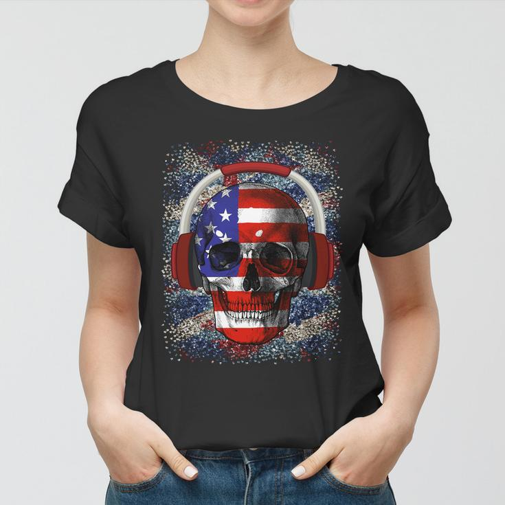Skull Headphone Usa Flag 4Th Of July Women T-shirt