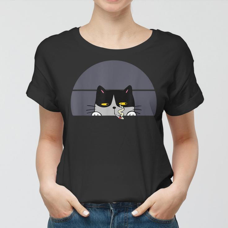 Stoned Black Cat Smoking And Peeking Sideways With Cannabis Women T-shirt