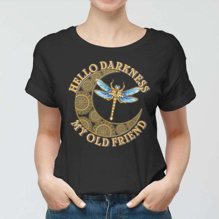 Vintage Steampunk Dragonfly Moon Hello Darkness My Old Friend Women T-shirt