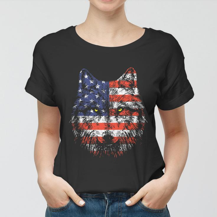 Wolf American Flag Usa 4Th Of July Patriotic Wolf Lover Women T-shirt