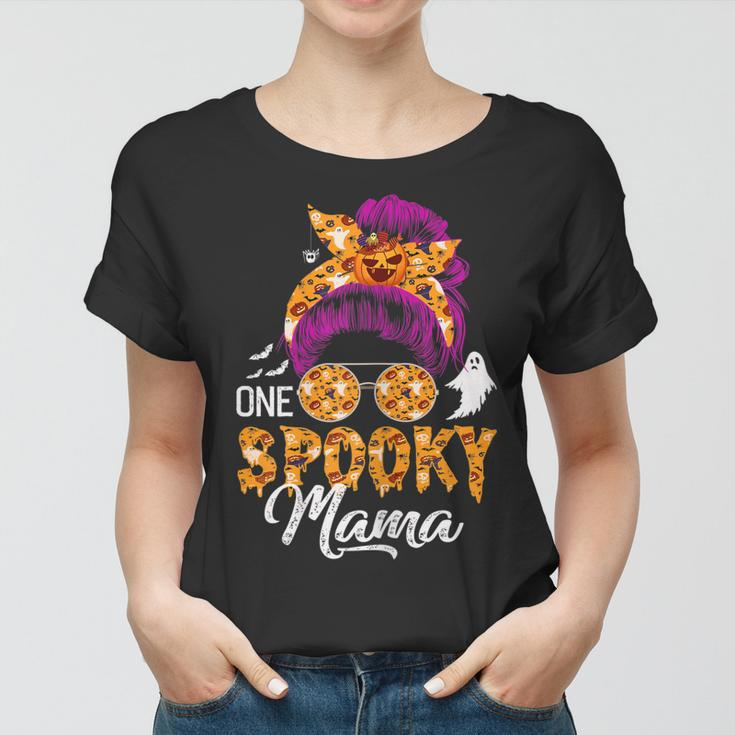Womens One Spooky Mama Halloween Messy Bun Hair Ghosts Lover Women T-shirt