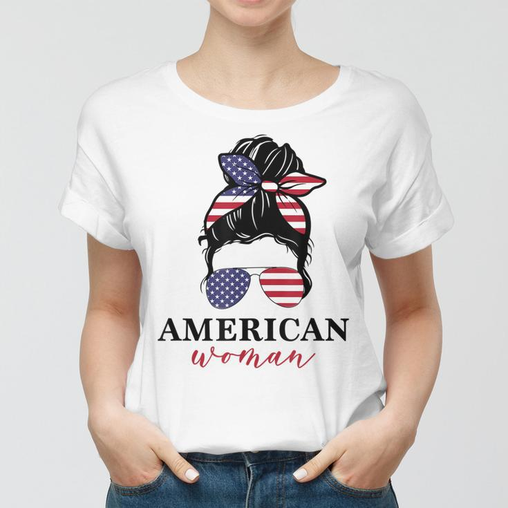 All American Girl Messy Bun Flag 4Th Of July Sunglasses Women T-shirt