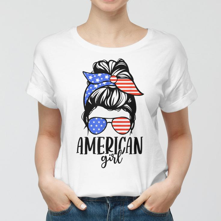 American Girl Messy Hair Bun Usa Flag Patriotic 4Th Of July Women T-shirt