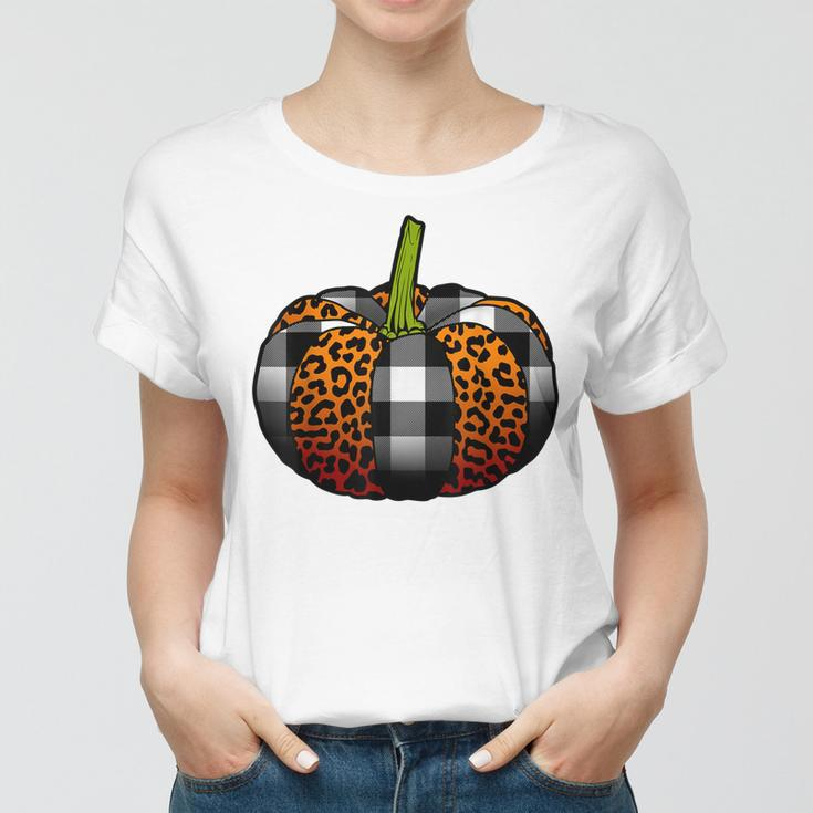 Plaid Pumpkin Leopard Buffalo Check Pumpkin Fall Halloween Women T-shirt
