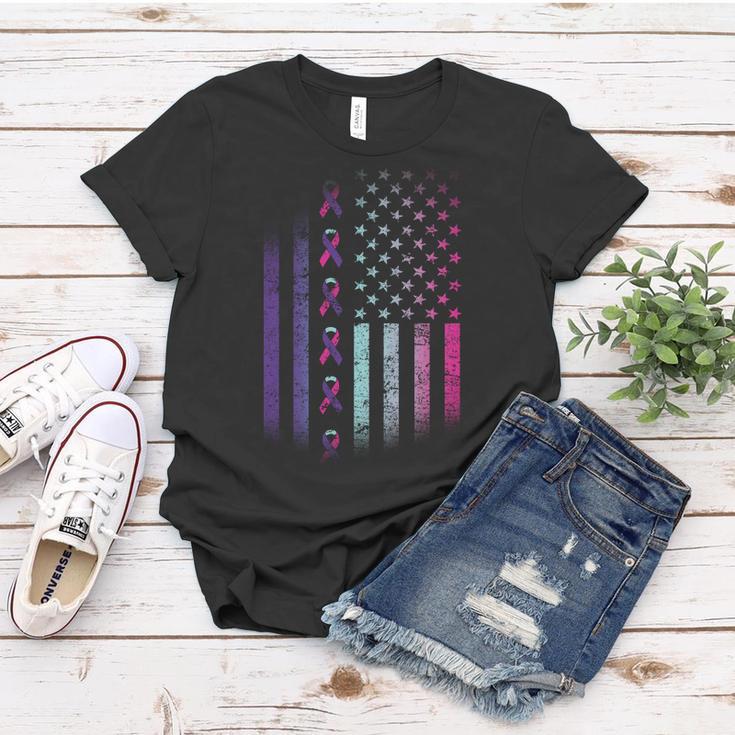 Blue Pink Teal Ribbon Flag Thyroid Cancer Awareness Women T-shirt Unique Gifts