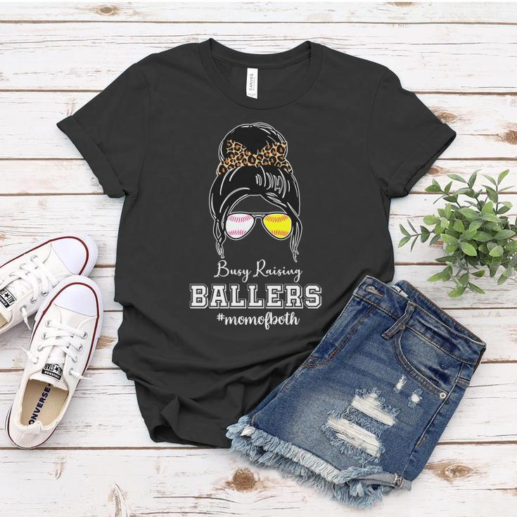 Busy Raising Ballers Mom Of Both Baseball Softball Messy Bun Sticker Features De Women T-shirt Unique Gifts