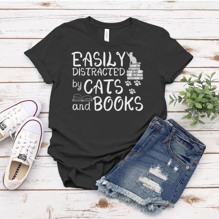 Easily Distracted By Cats And Books Funny Book Lover Women T-shirt Unique Gifts