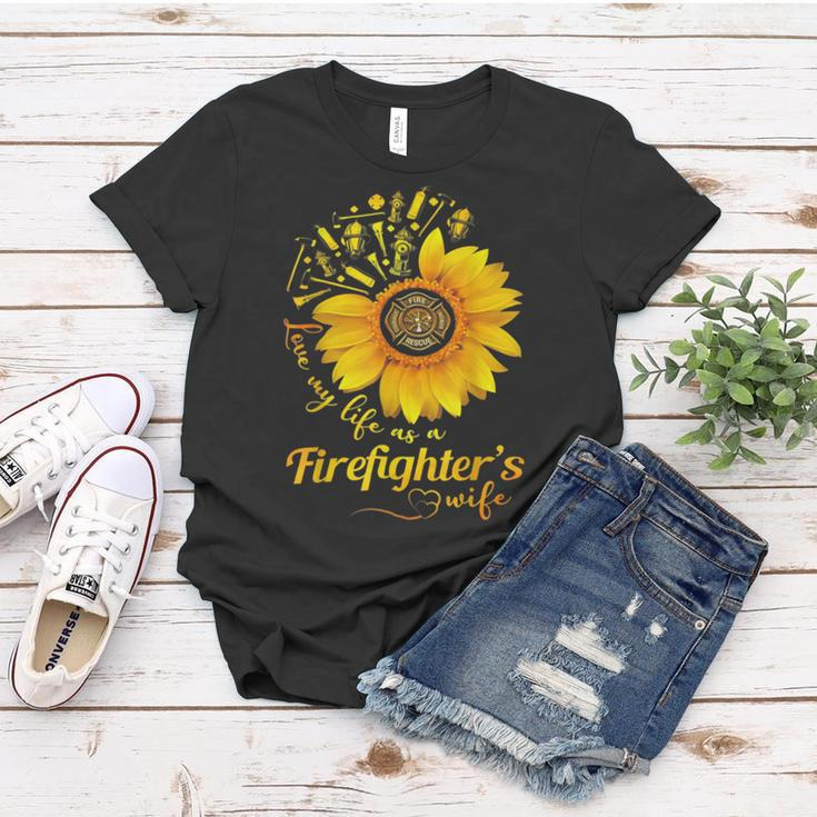 Firefighter Sunflower Love My Life As A Firefighters Wife Women T-shirt Funny Gifts