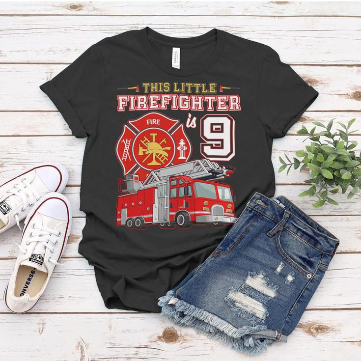 Firefighter This Little Firefighter Is 9 Years Old 9Th Birthday Kid Boy Women T-shirt Funny Gifts