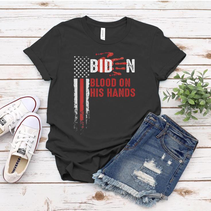 Funny Anti Biden Blood On His Hands Anti Joe Biden Bloody Handprint Usa Flag Women T-shirt Unique Gifts