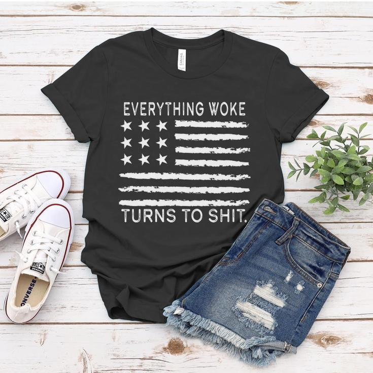 Funny Anti Biden Everything Woke Turns To Shit American Flag Women T-shirt Unique Gifts