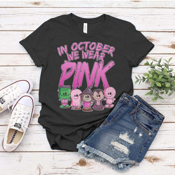 In October We Wear Pink Breast Cancer Halloween Monsters Women T-shirt Unique Gifts