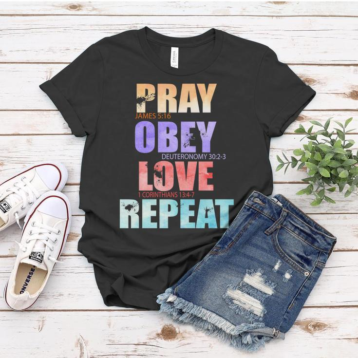 Pray Obey Love Repeat Christian Bible Quote Women T-shirt Unique Gifts
