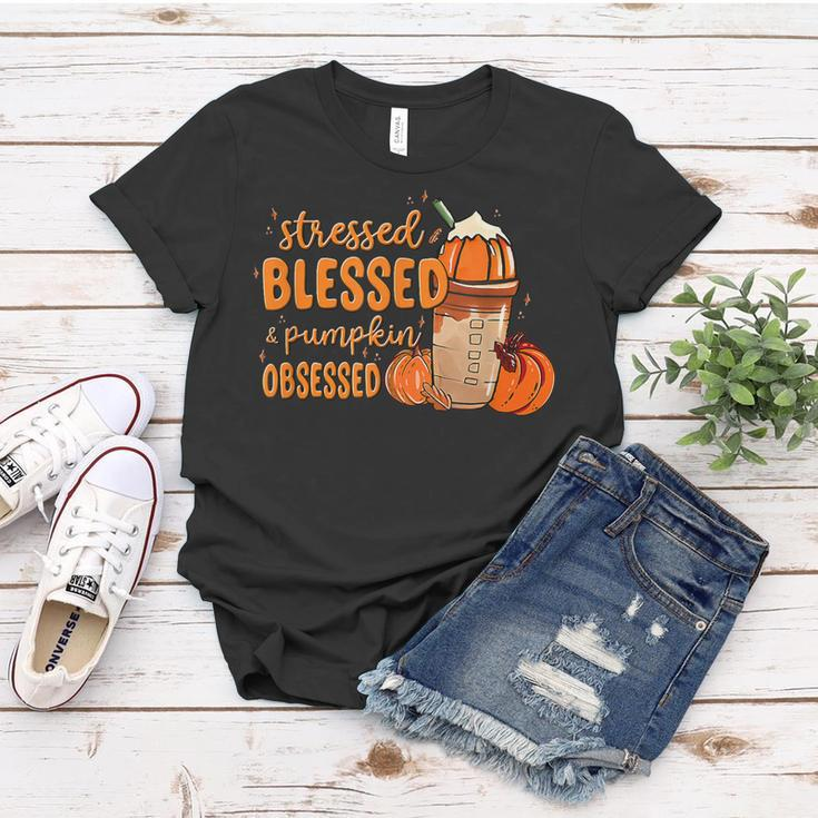 Stressed Blessed And Pumpkin Obsessed Fall Autumn  Women T-shirt Personalized Gifts