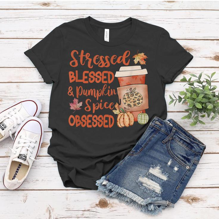 Stressed Blessed And Pumpkin Spice Obsessed Fall Autumn Love Women T-shirt Personalized Gifts