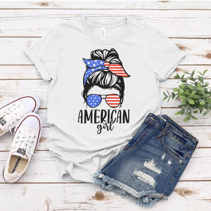 American Girl Messy Hair Bun Usa Flag Patriotic 4Th Of July Women T-shirt Funny Gifts