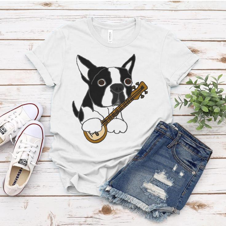 Funny Boston Terrier Dog Playing Banjo Women T-shirt Unique Gifts