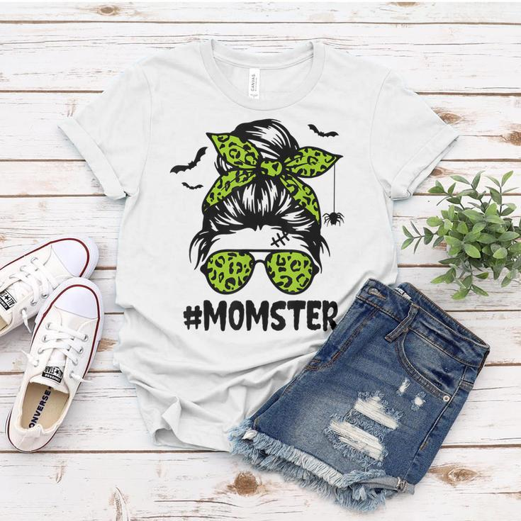 Momster For Women Halloween Mom Messy Bun Leopard Women T-shirt Funny Gifts