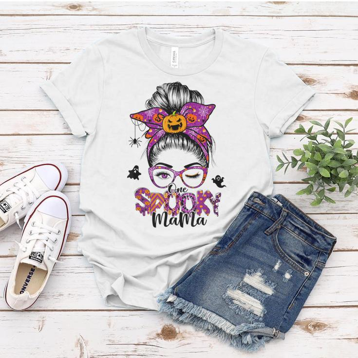 One Spooky Mama For Halloween Messy Bun Mom Monster Bleached V6 Women T-shirt Funny Gifts