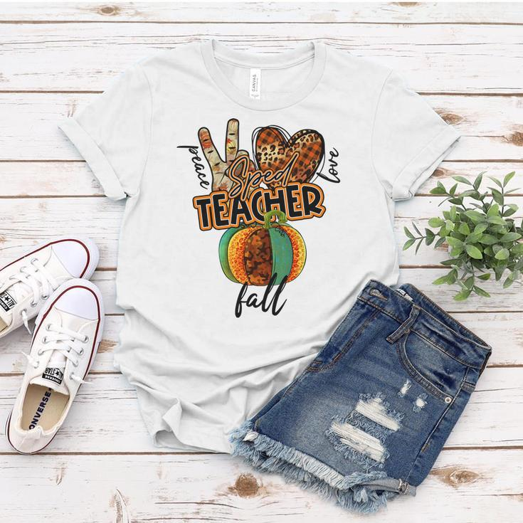 Teacher Peace Love Fall Sped Teacher Women T-shirt Funny Gifts