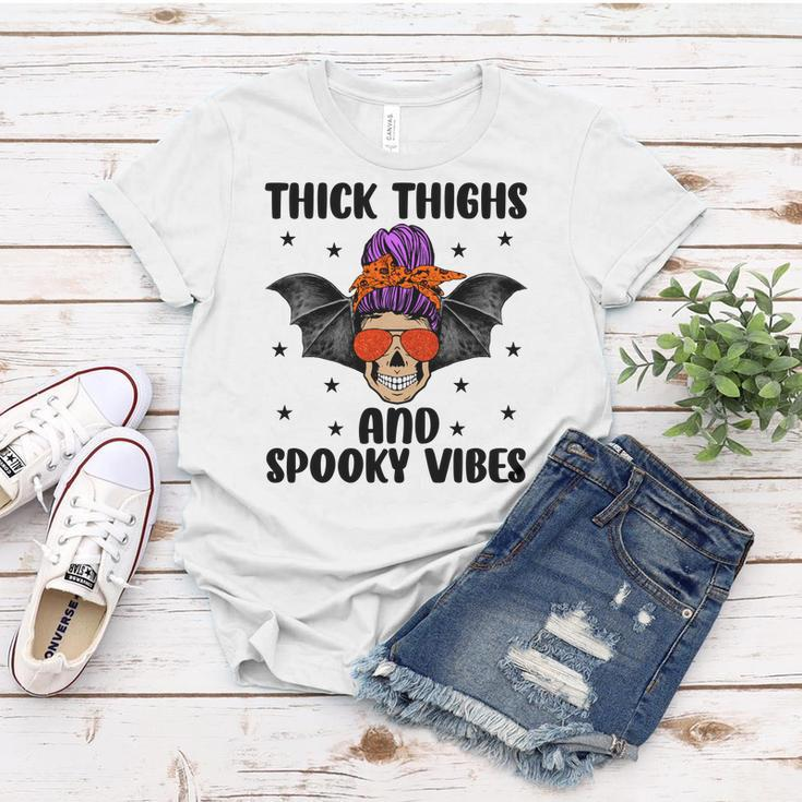 Thick Thights And Spooky Vibes Halloween Messy Bun Hair Women T-shirt Funny Gifts