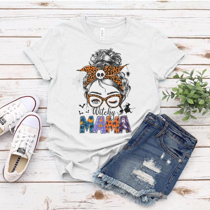 Witchy Mama Halloween Messy Bun Skull Witch Mom Women Spooky Women T-shirt Funny Gifts