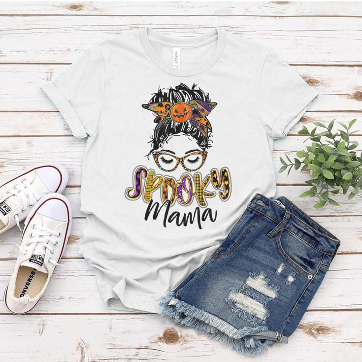 Women Spooky Mama Messy Bun Pumpkin Patch Halloween Women T-shirt Funny Gifts
