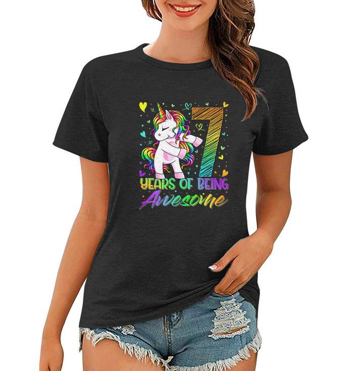 7Th Birthday 7 Year Old Girl Flossing Funny Unicorn Party Women T-shirt