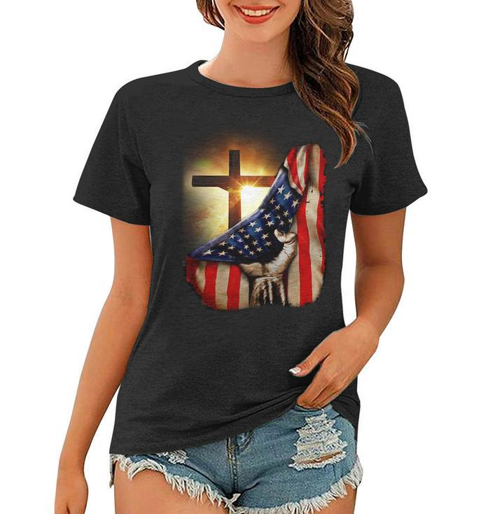 American Christian Cross Patriotic Flag Tshirt Women T-shirt