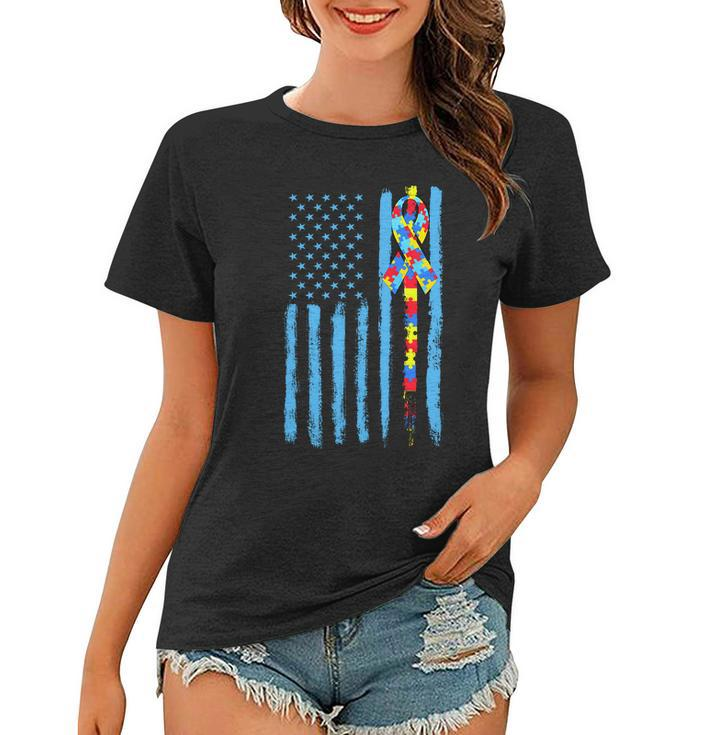 Autism Awareness Puzzle American Flag Tshirt Women T-shirt