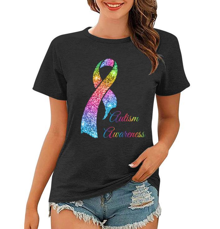 Autism Awareness Sparkle Glitter Ribbon Tshirt Women T-shirt