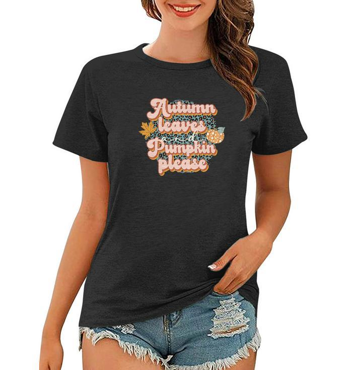 Autumn Leaves Pumpkin Please Leopard Plaid Fall Women T-shirt