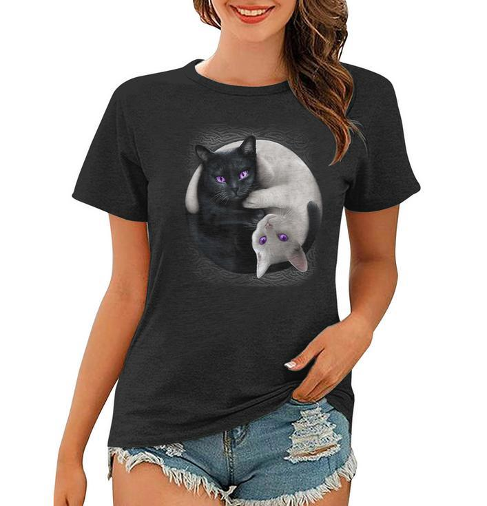 Black Cat And White Cat Yin And Yang Halloween For Men Women  Women T-shirt