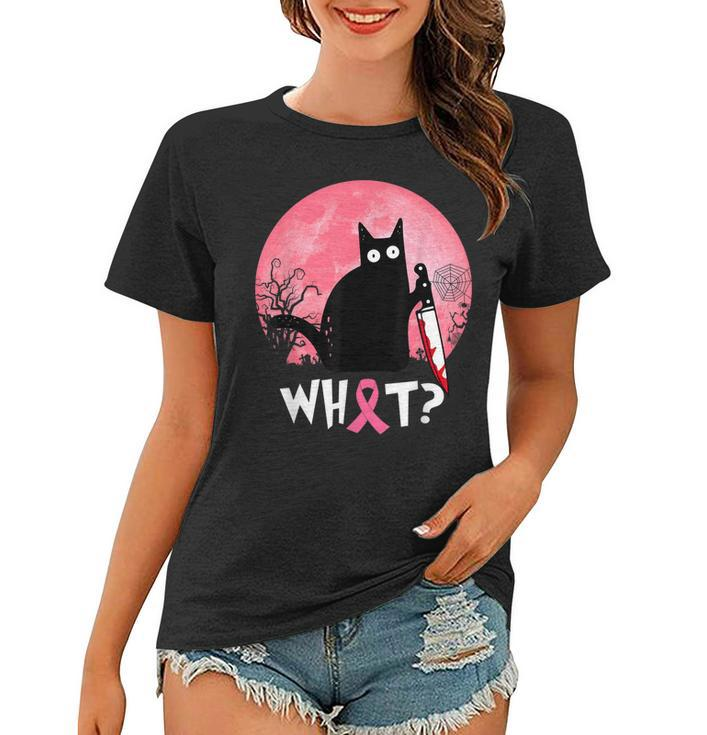 Breast Cancer Black Cat What Halloween Cat With Knife  Women T-shirt