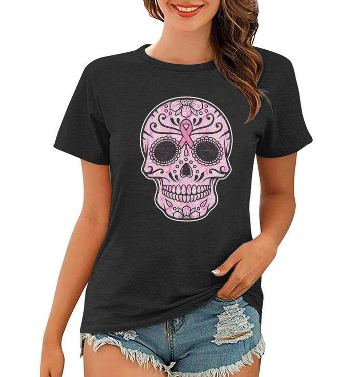 Breast Cancer Sugar Skull Day Of The Dead Dia De Los Muertos Women T-shirt