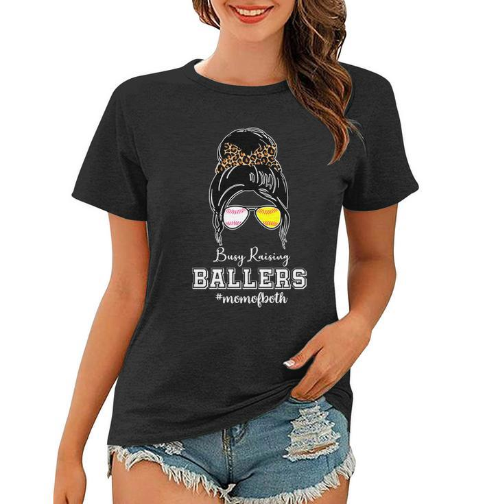 Busy Raising Ballers Mom Of Both Baseball Softball Messy Bun Sticker Features De Women T-shirt