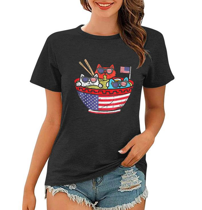 Cats Ramen Anime American Flag Usa Funny 4Th Of July Fourth Women T-shirt