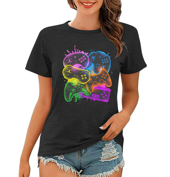 Cool Retro Neon Graffiti Video Game Controllers Women T-shirt