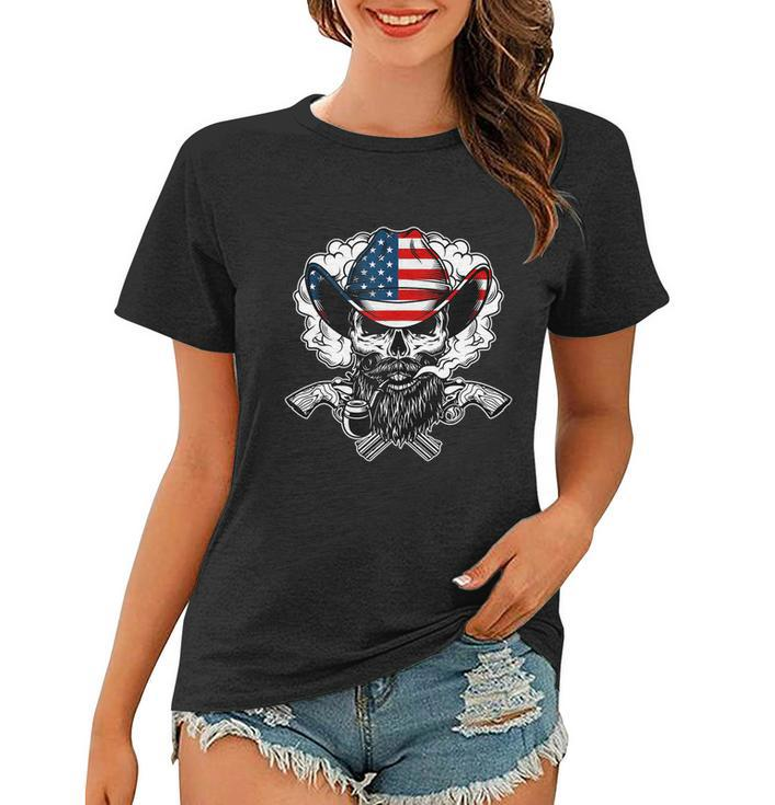 Cool Sugar Skull Cowboy Hat American Flag 4Th Of July Women T-shirt