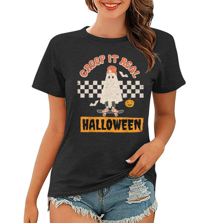 Creep It Real Retro Halloween Funny Ghost Skateboarding  Women T-shirt
