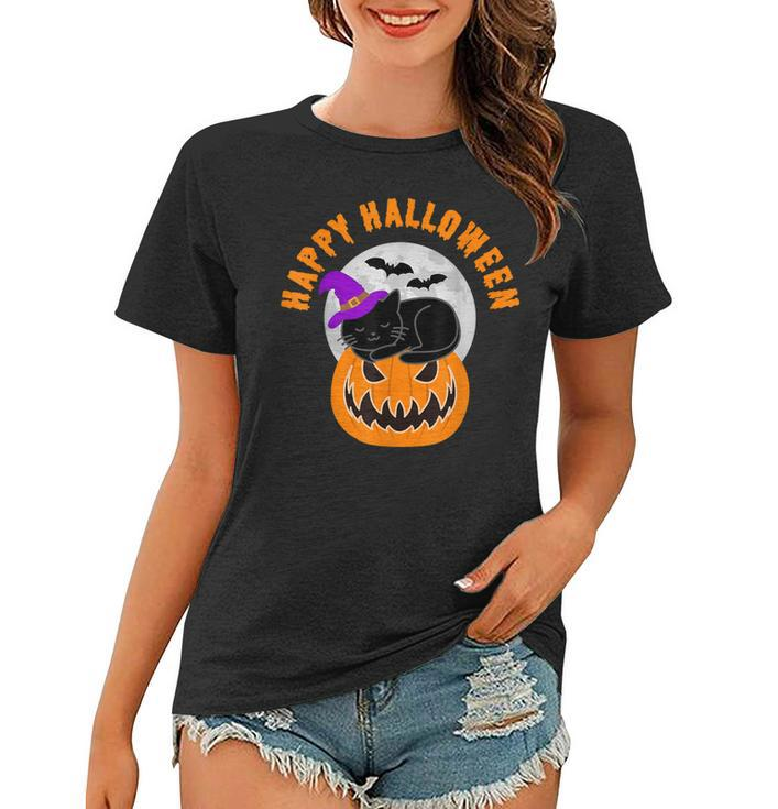 Cute Black Cat Witch Scary Pumpkin Happy Halloween  Women T-shirt