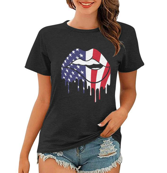 Cute Dripping Lips 4Th Of July Usa Flag Graphic Plus Size Women T-shirt