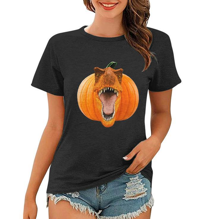 Cute Halloween Funny Halloween Day Trex Pumpkin Face Graphic Design Printed Casual Daily Basic Women T-shirt