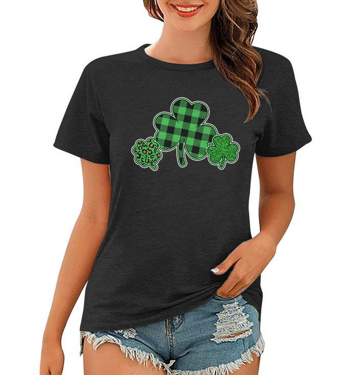 Cute St Patricks Day Plaid Leopard Print Shamrocks Clovers Women T-shirt