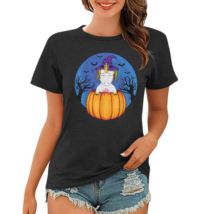 Cute Unicorn Wearing Witch Hat Halloween Pumpkin Girls Kids  Women T-shirt