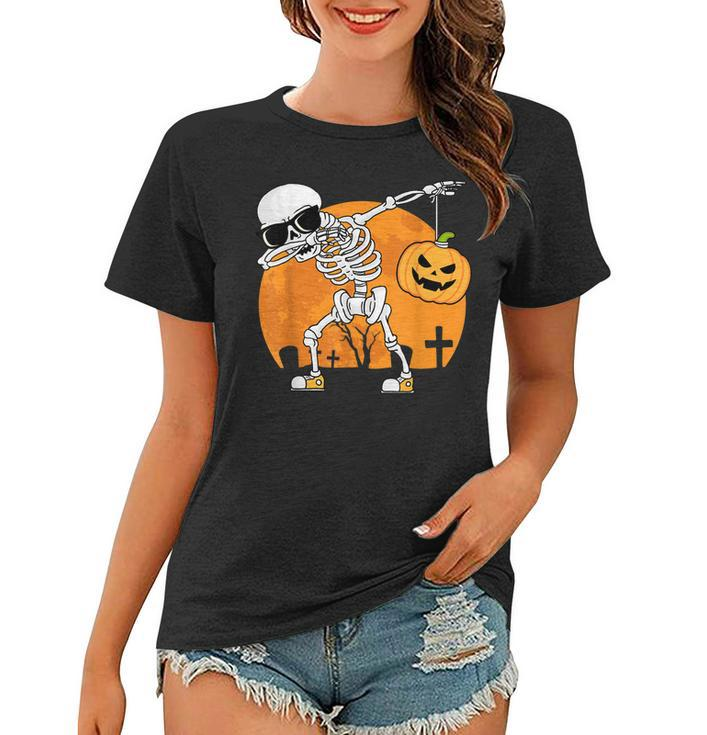 Dabbing Skeleton Funny Halloween Pumpkin Skeleton  Women T-shirt