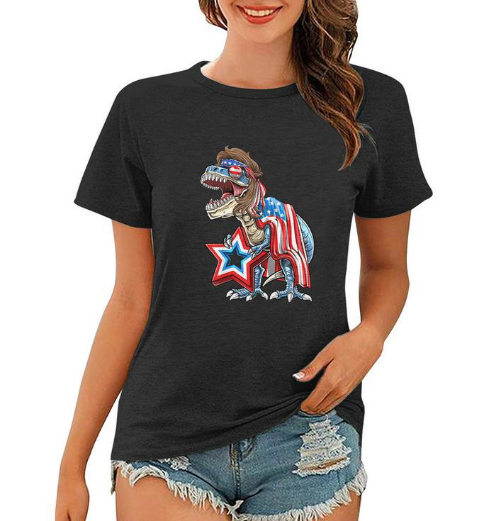 Dinosaur Trex Mullet Funny 4Th Of July Usa American Flag Women T-shirt